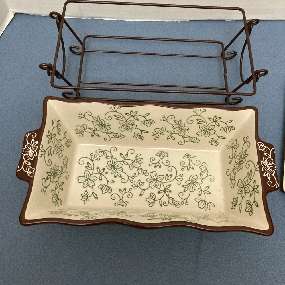 Temp-tations by Tara Floral Lace Green 1.7 Qt Loaf Pan w/Drip Tray & Wire Holder